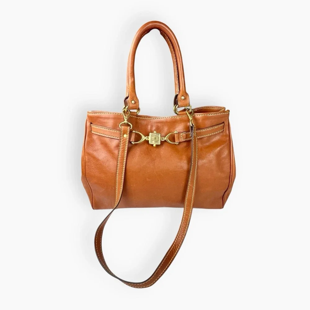 Vintage Brown Leather Double Handle Tote Bag Satchel Horse Bit Lock Horseshoe‎